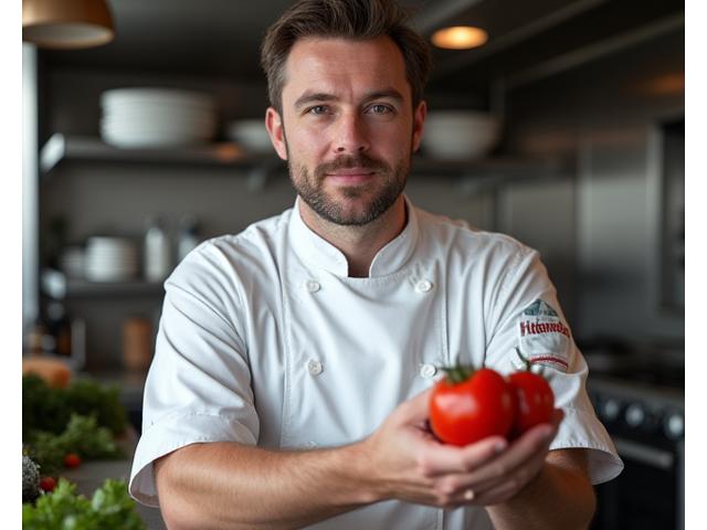 ヘッドシェフのポートレート、真剣な表情で高品質な素材を手にしている