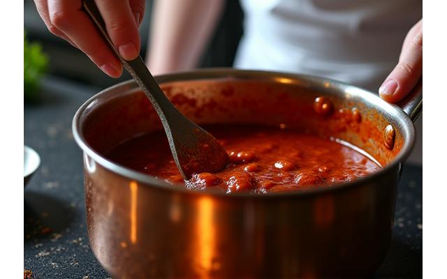 シェフが秘伝のソースを丁寧に調合している様子